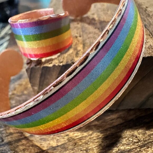Handmade Boho Copper Wide Cuff Bracelet, Diamond Cut Rainbow Pride Design, Gift - Picture 9 of 11